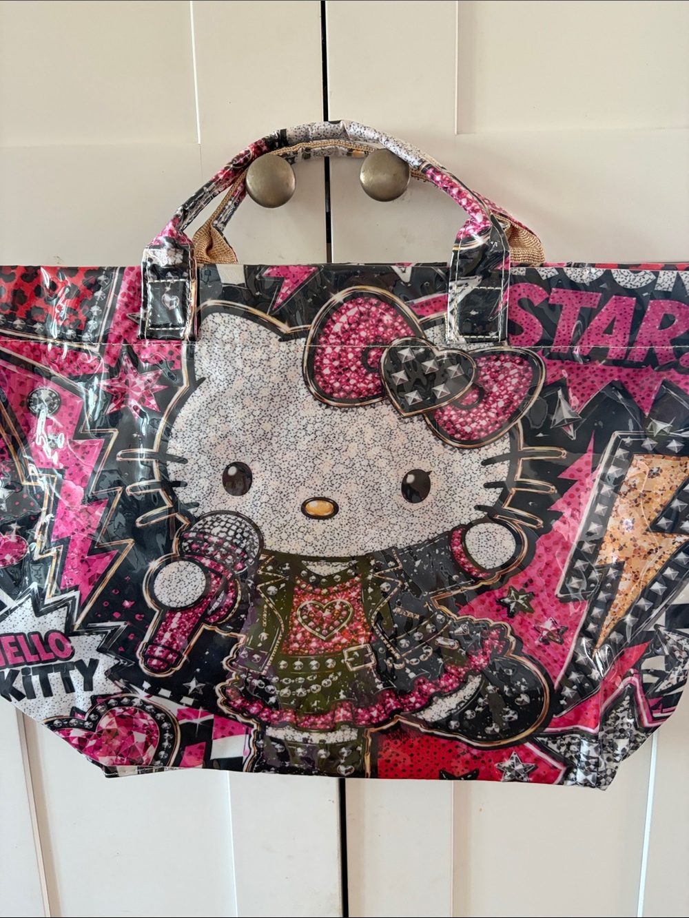 Hello Kitty Pink Black Graphic Vinyl Tote Large 17’wide b 15’tall New